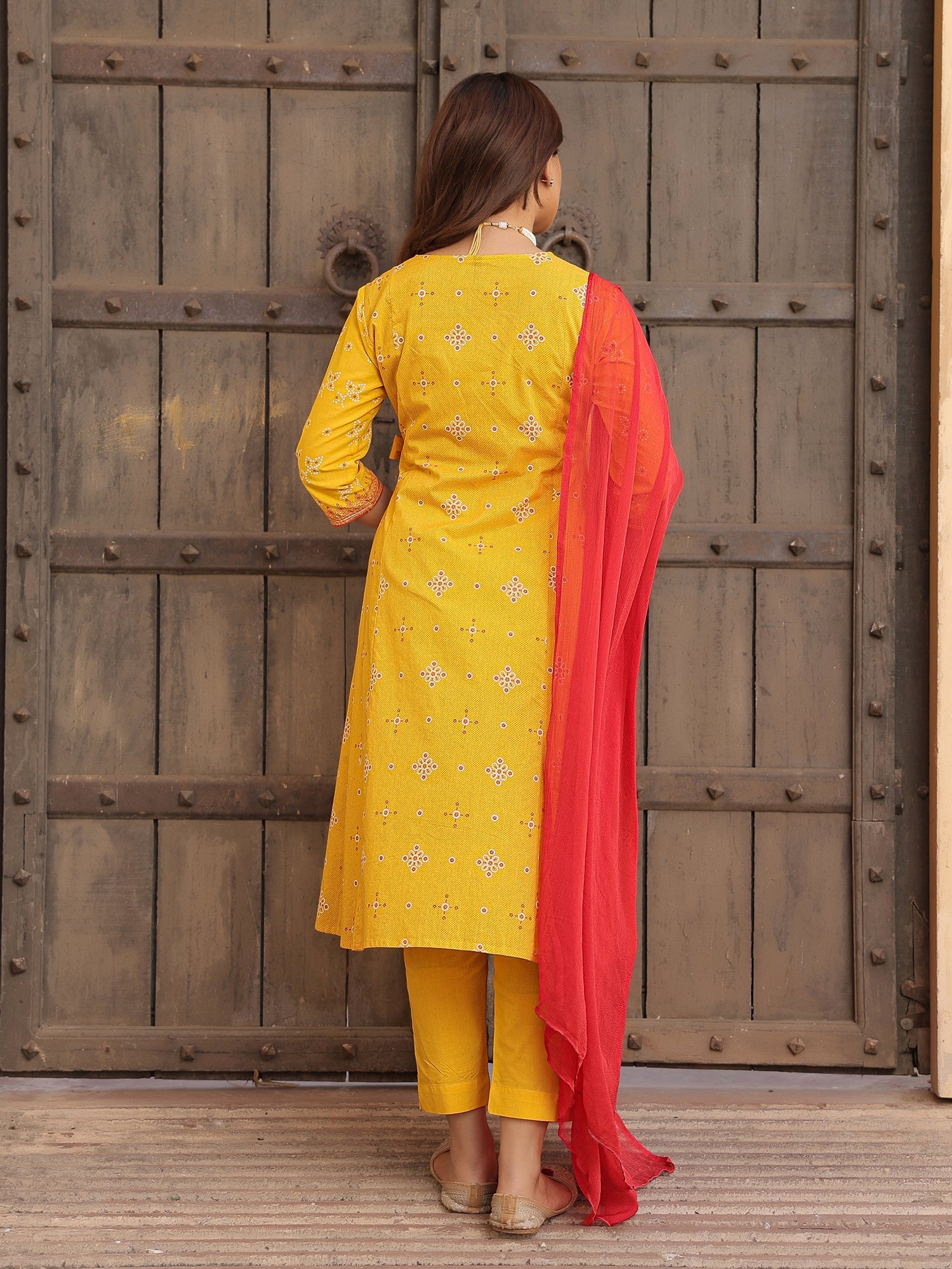 Mustard Bandhani Print Angrakha Cotton Kurta With Pants & Dupatta Set 