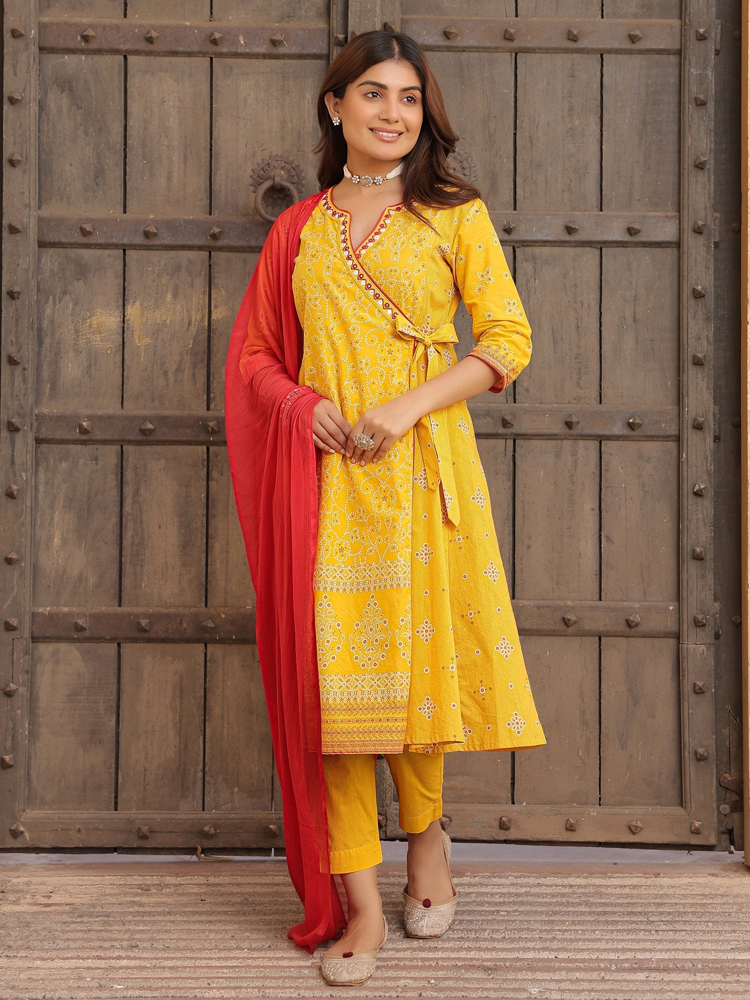 Mustard Bandhani Print Angrakha Cotton Kurta With Pants & Dupatta Set 