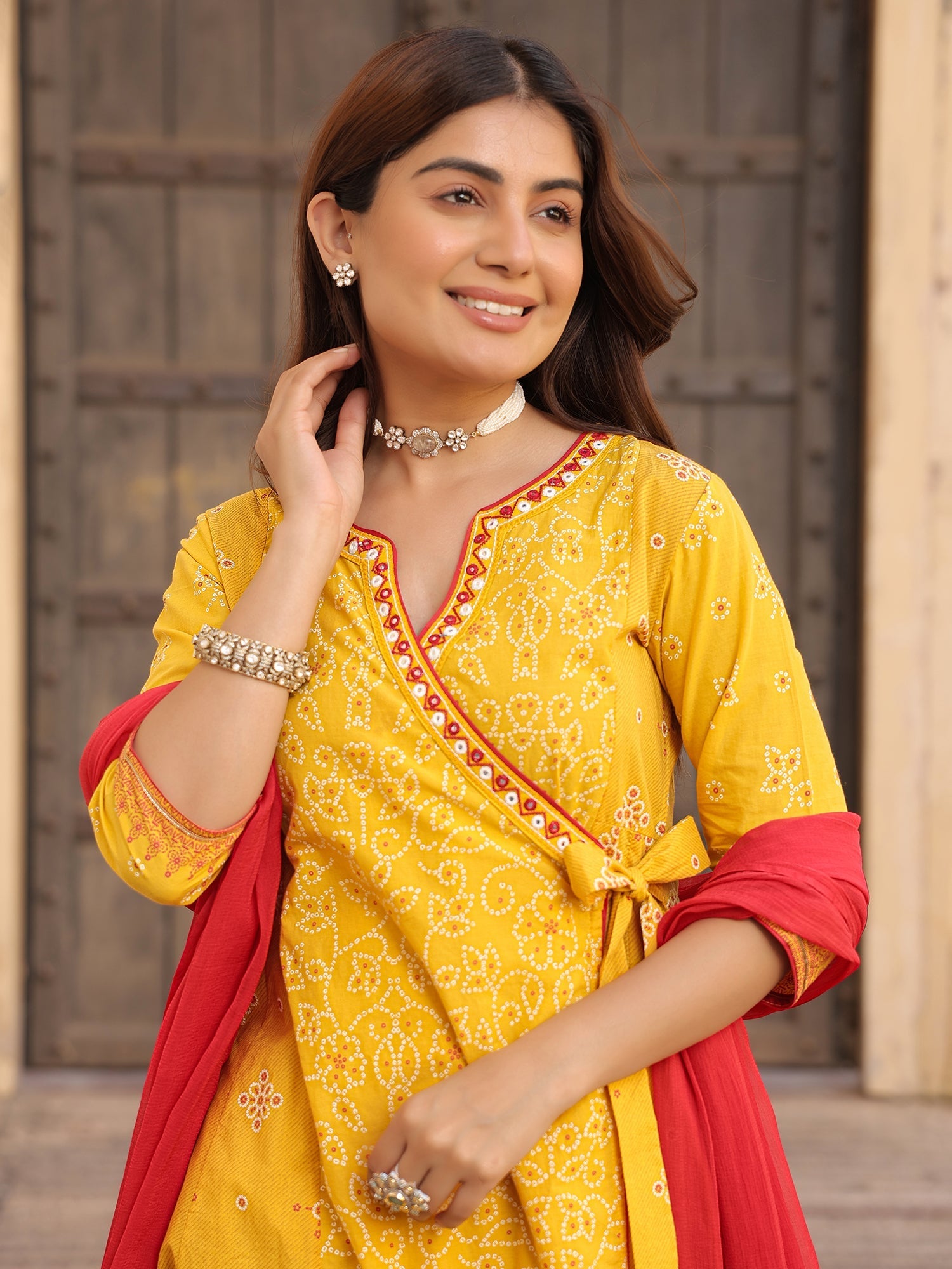 Mustard Bandhani Print Angrakha Cotton Kurta With Pants & Dupatta Set 