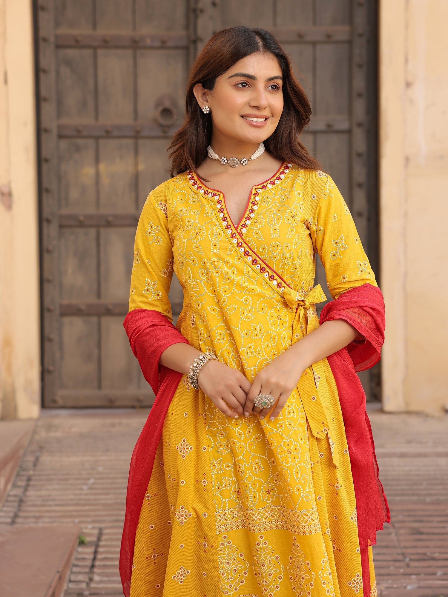 Mustard Bandhani Print Angrakha Cotton Kurta With Pants & Dupatta Set 