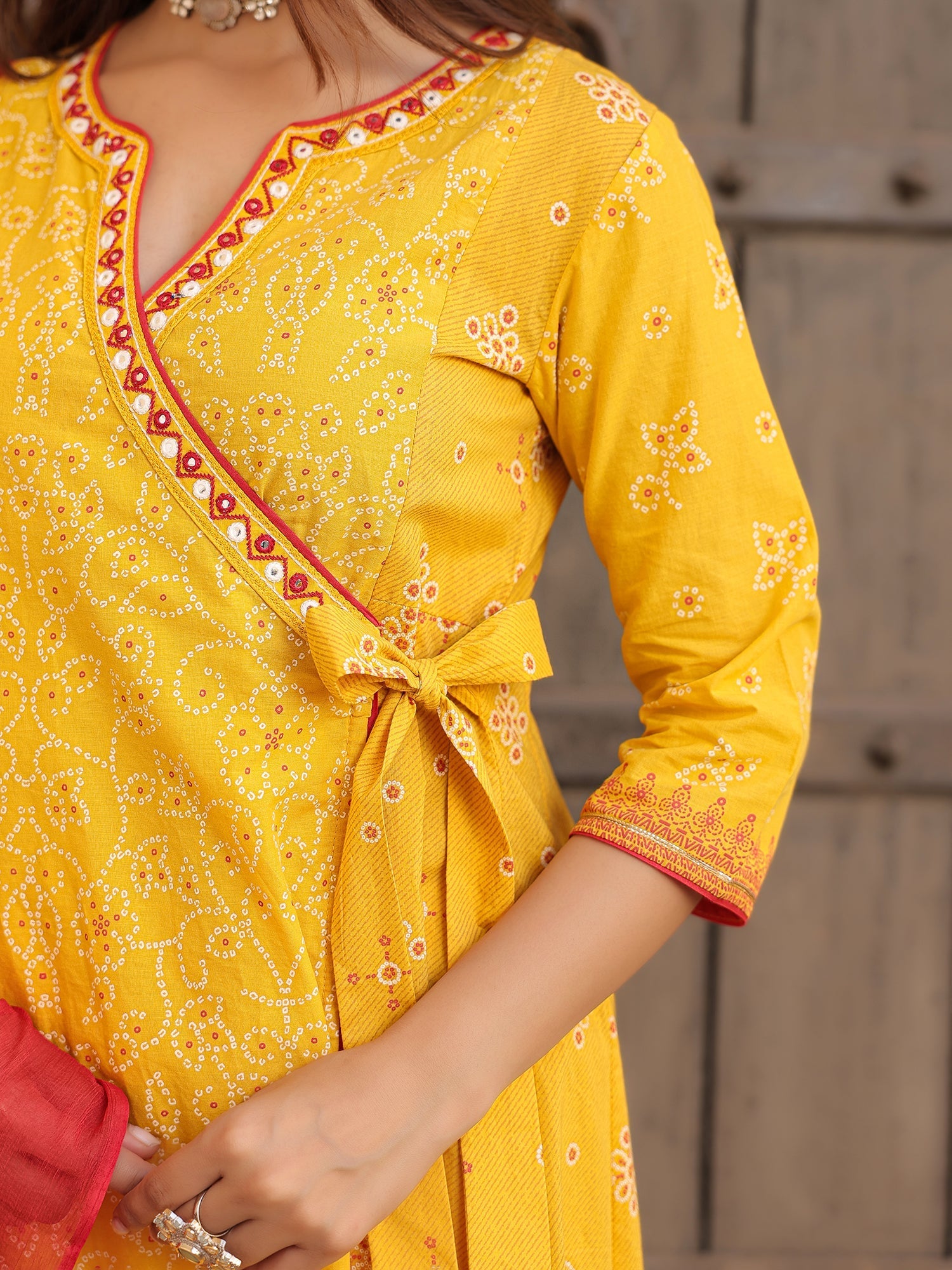 Mustard Bandhani Print Angrakha Cotton Kurta With Pants & Dupatta Set 