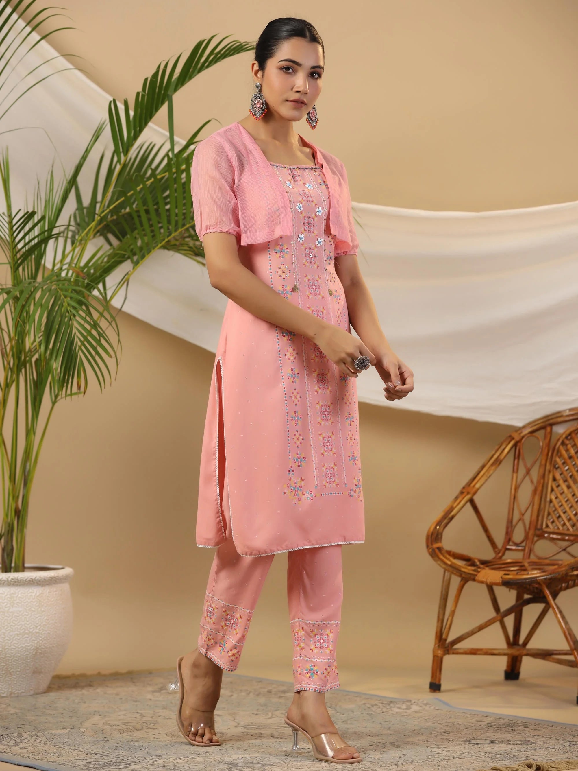 Peach Printed Kurta Pant & Jacket Set | Women's Designer Set
