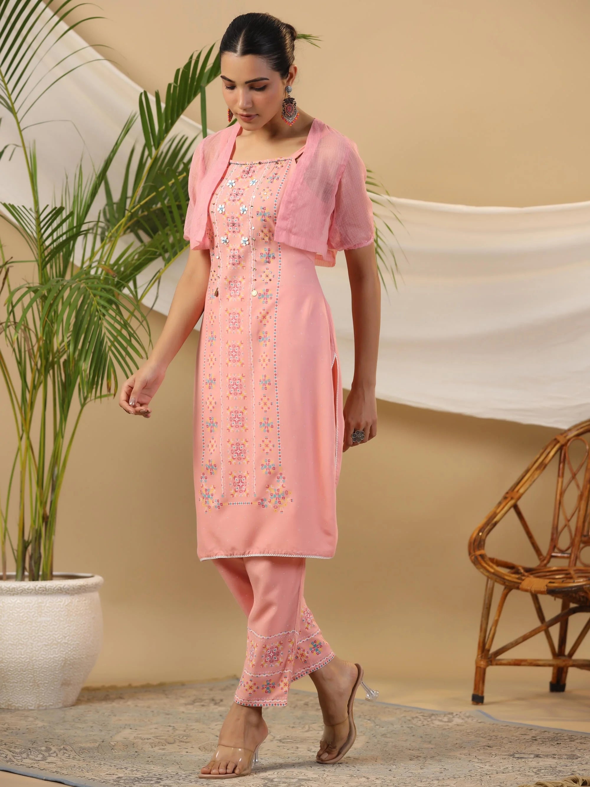 Peach Printed Kurta Pant & Jacket Set | Women's Designer Set