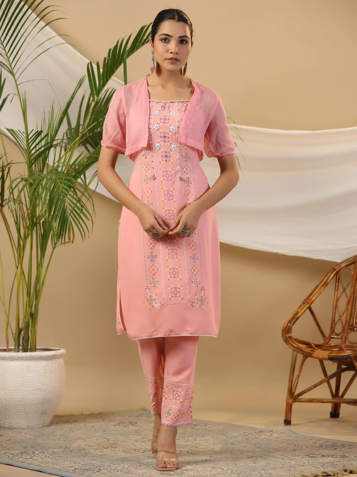 Peach Geometric Printed Rayon Kurta Pants & Jacket With Sequins Work-S4355PEACH