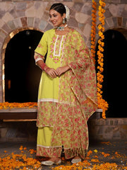 The Madhubala Green Floral Print & Lacy Pure Cotton Kurta&Palazzo Set With Kota Doria Print Dupatta-S4359LIMEGREEN