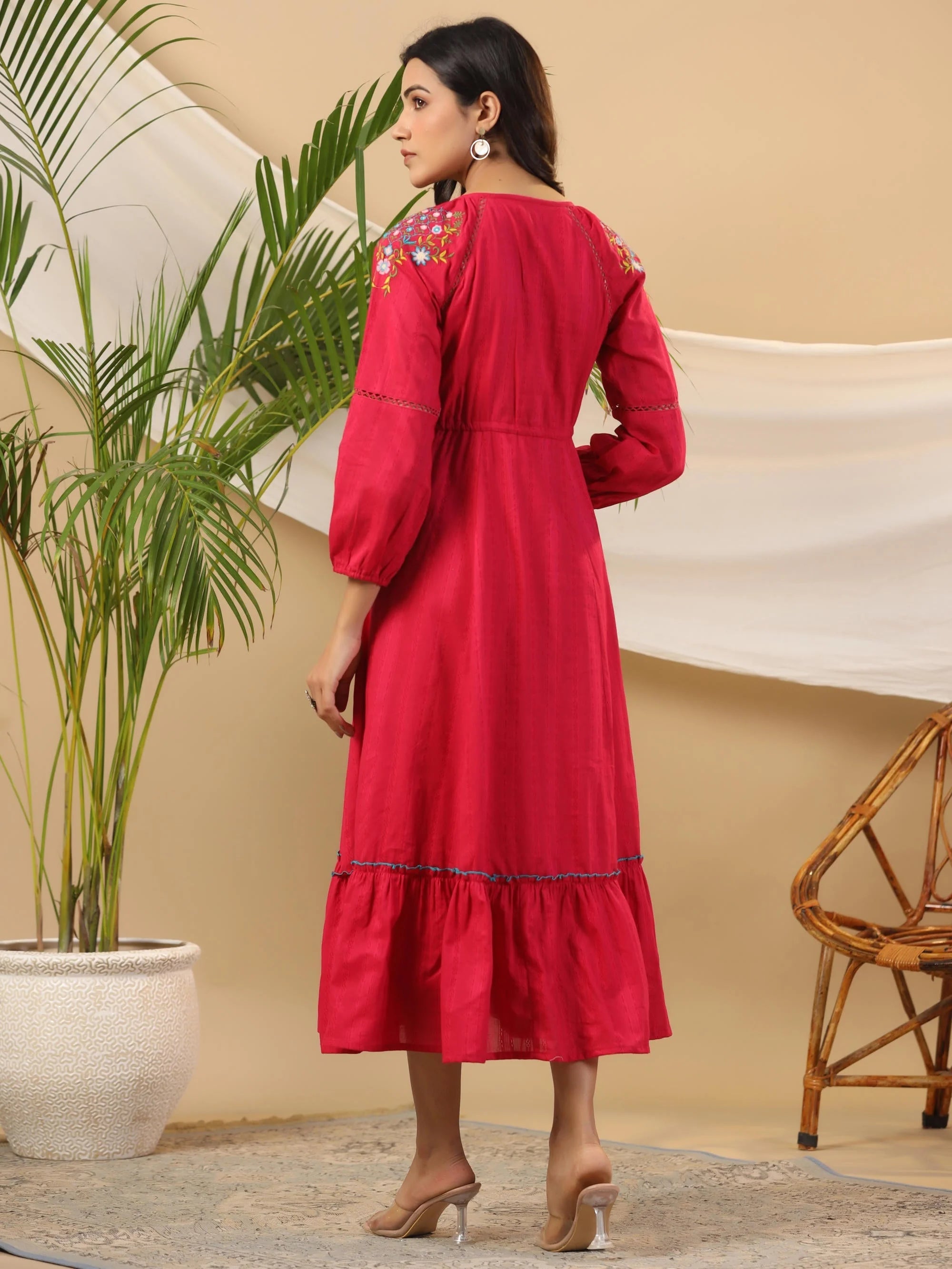 Fuchsia Embroidered Cotton Dobby Indian Dress Online