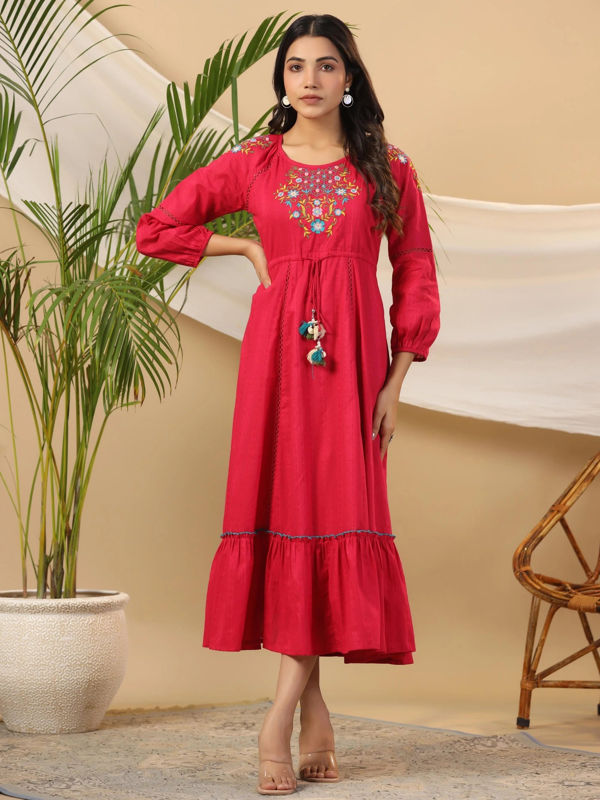 Fuchsia Embroidered Cotton Dobby Indian Dress Online