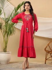 Fuchsia Floral Embroidered Cotton Dobby Tiered Maxi Dress With Kaudis & Colourful Tassels-S4362FUCHSIA