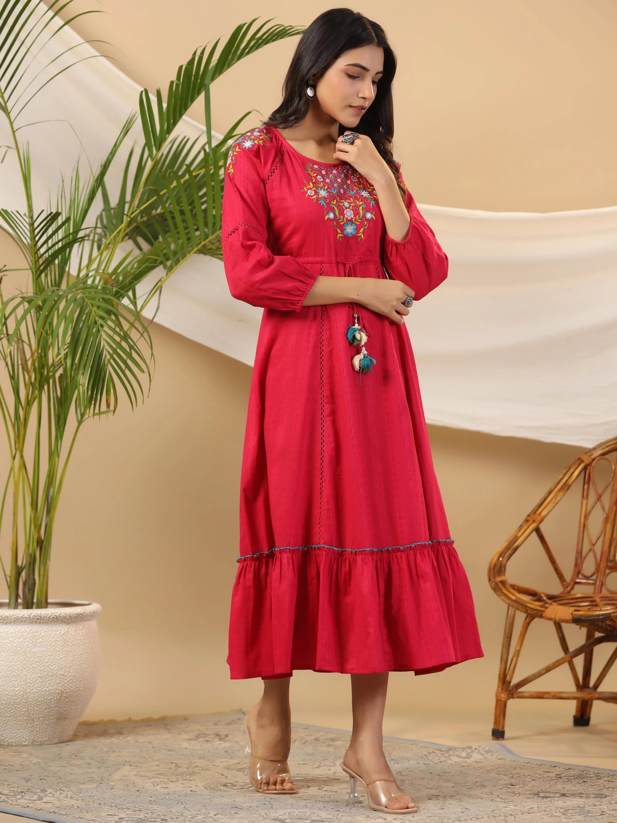 Fuchsia Embroidered Cotton Dobby Indian Dress Online