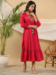 Fuchsia Floral Embroidered Cotton Dobby Tiered Maxi Dress With Kaudis & Colourful Tassels-S4362FUCHSIA