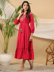 Fuchsia Floral Embroidered Cotton Dobby Tiered Maxi Dress With Kaudis & Colourful Tassels-S4362FUCHSIA