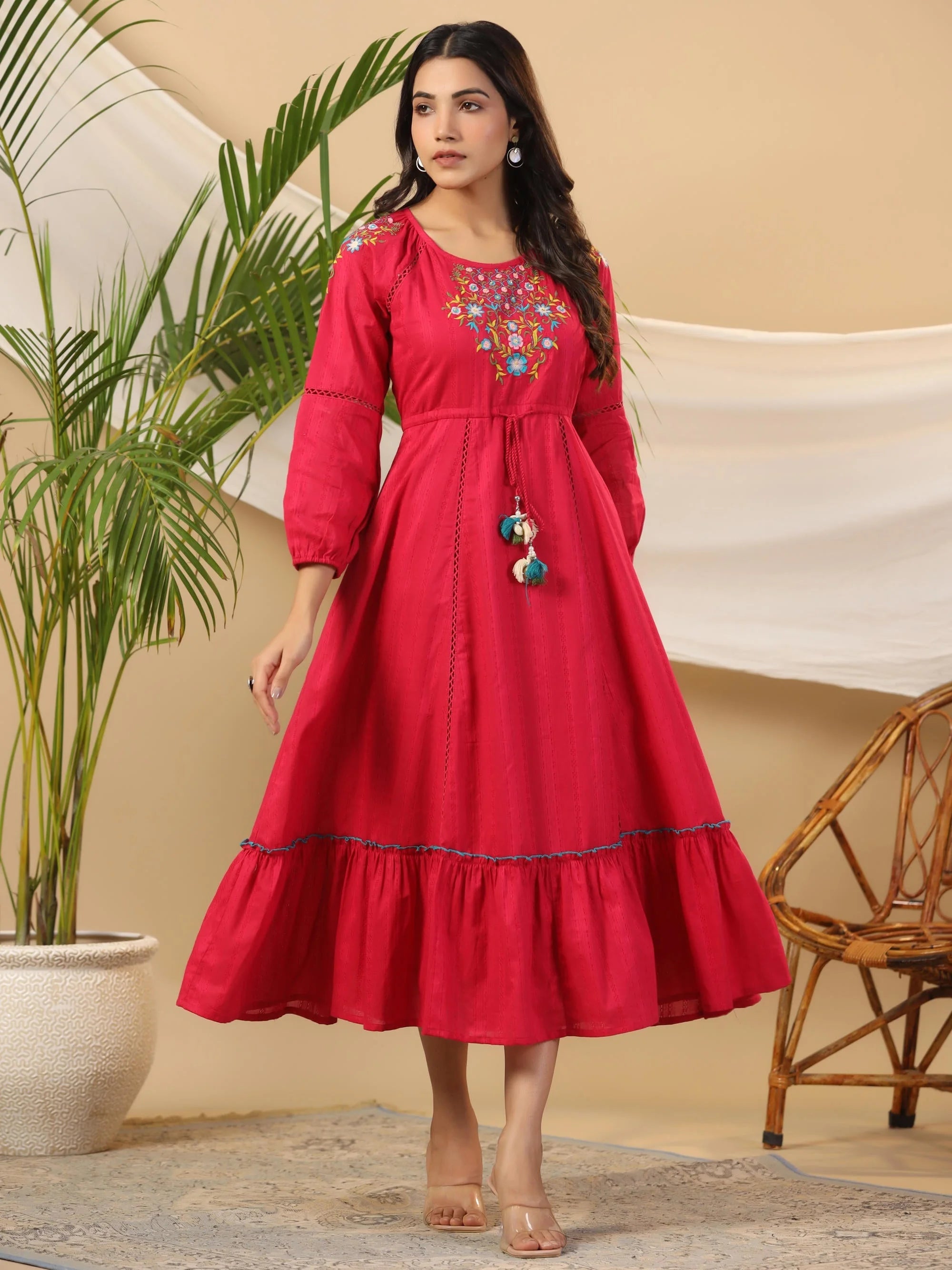 Fuchsia Embroidered Cotton Dobby Indian Dress Online