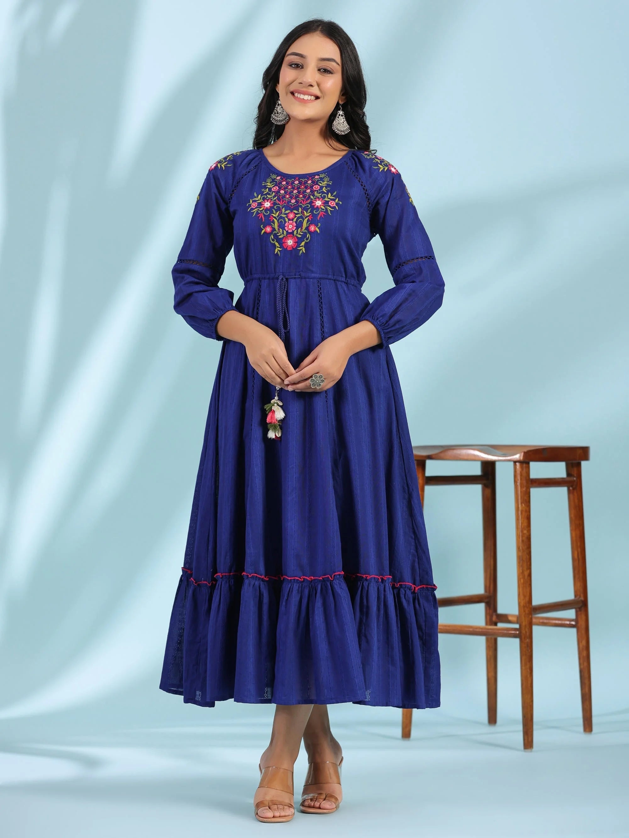 Indigo Floral Embroidered Dress | Indian Cotton Dresses