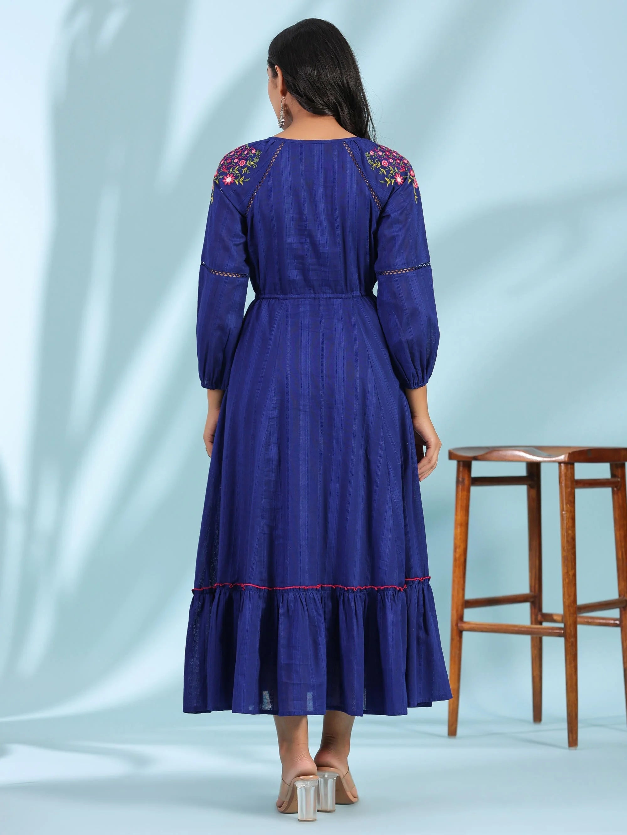 Indigo Floral Embroidered Dress | Indian Cotton Dresses