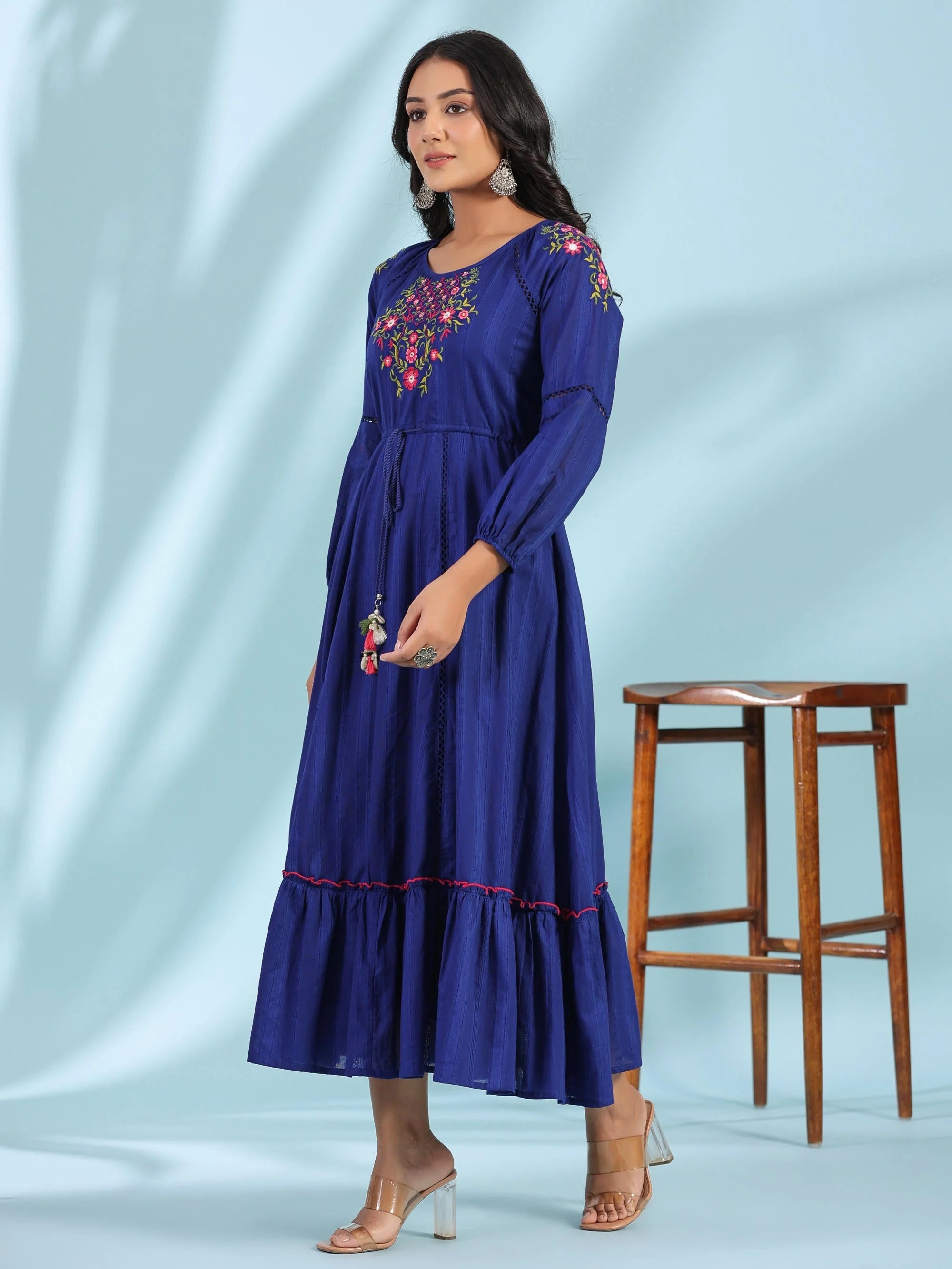 Indigo Floral Embroidered Dress | Indian Cotton Dresses