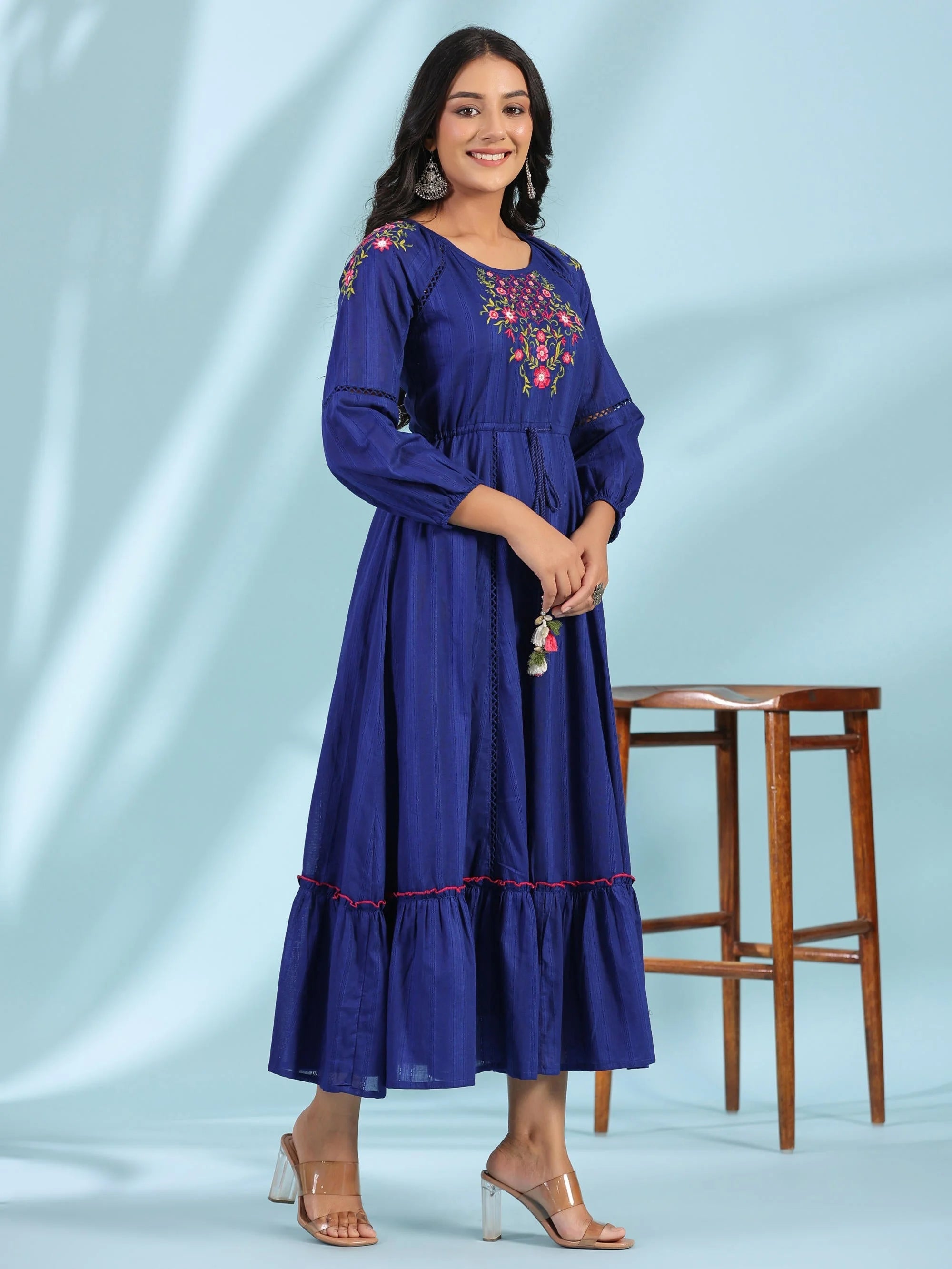 Indigo Floral Embroidered Dress | Indian Cotton Dresses