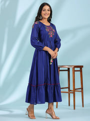 Indigo Floral Embroidered Cotton Dobby Tiered Maxi Dress With Kaudis & Colourful Tassels-S4362INDIGO