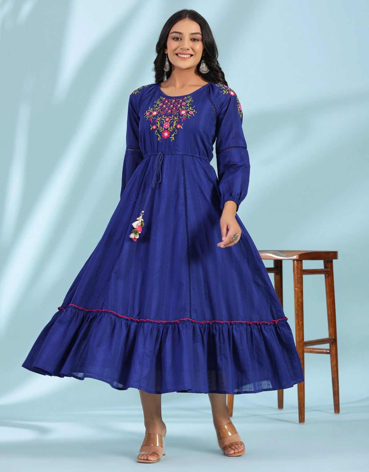 Indigo Floral Embroidered Cotton Dobby Tiered Maxi Dress With Kaudis & Colourful Tassels-S4362INDIGO