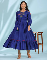 Indigo Floral Embroidered Cotton Dobby Tiered Maxi Dress With Kaudis & Colourful Tassels-S4362INDIGO