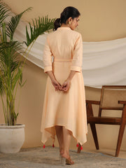 Peach Fit & Flare Belted Asymmetrical Maxi Dress With Floral Thread Embroidery-S4364PEACH