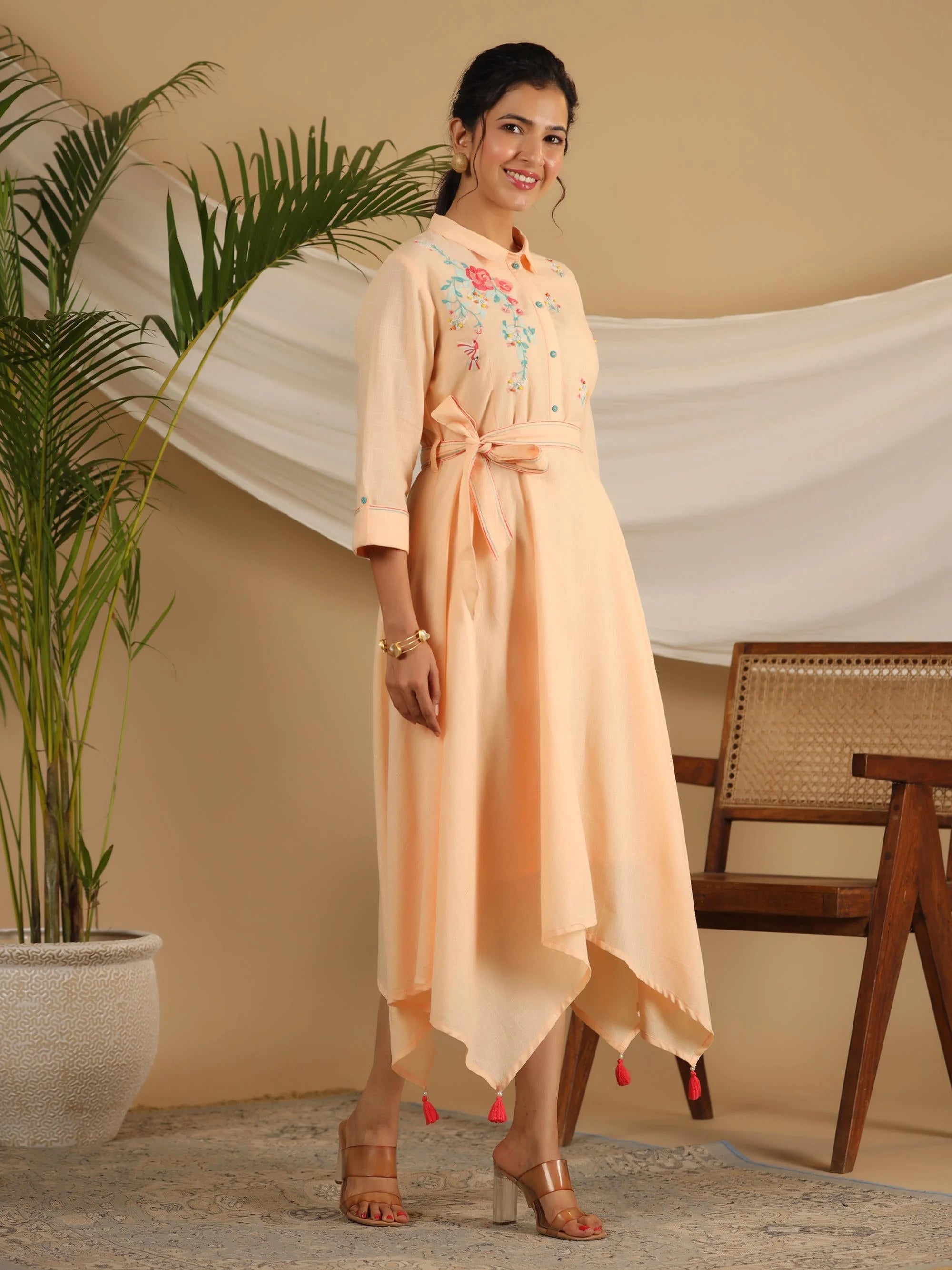 Peach Floral Embroidered Maxi Dress | Indian Dresses