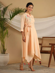Peach Fit & Flare Belted Asymmetrical Maxi Dress With Floral Thread Embroidery-S4364PEACH