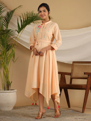 Peach Fit & Flare Belted Asymmetrical Maxi Dress With Floral Thread Embroidery-S4364PEACH