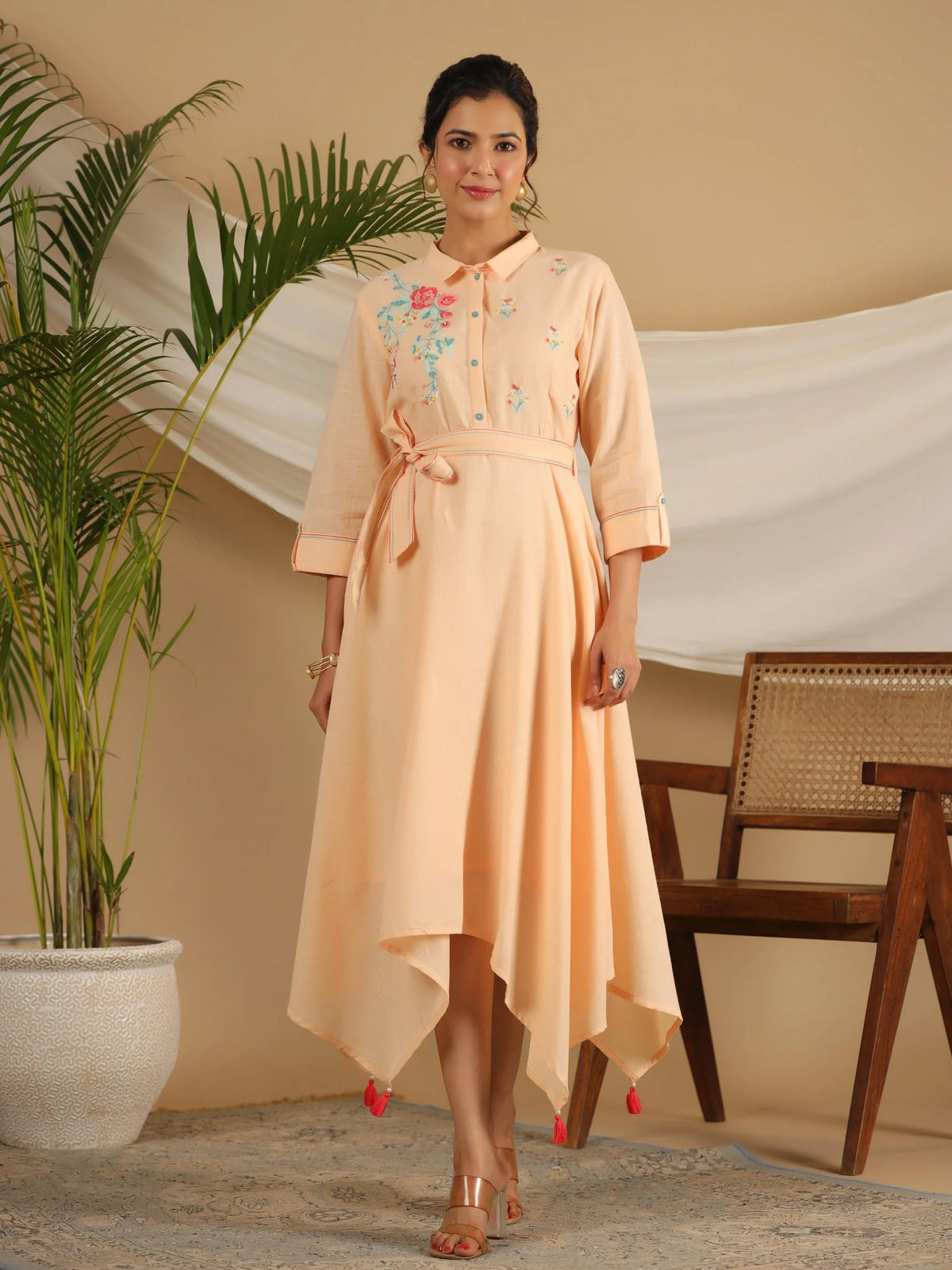 Peach Fit & Flare Belted Asymmetrical Maxi Dress With Floral Thread Embroidery-S4364PEACH