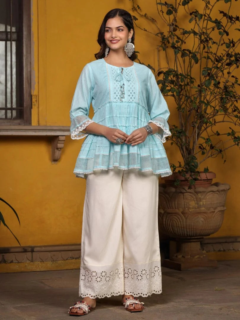 Sky Blue Peplum Tunic Top: Elegant Indian Kurti for Women