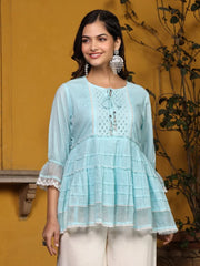 Sky Blue Solid Peplum Lacy Keyhole Neckline Tunic With Lining-S4365SKYBLUE