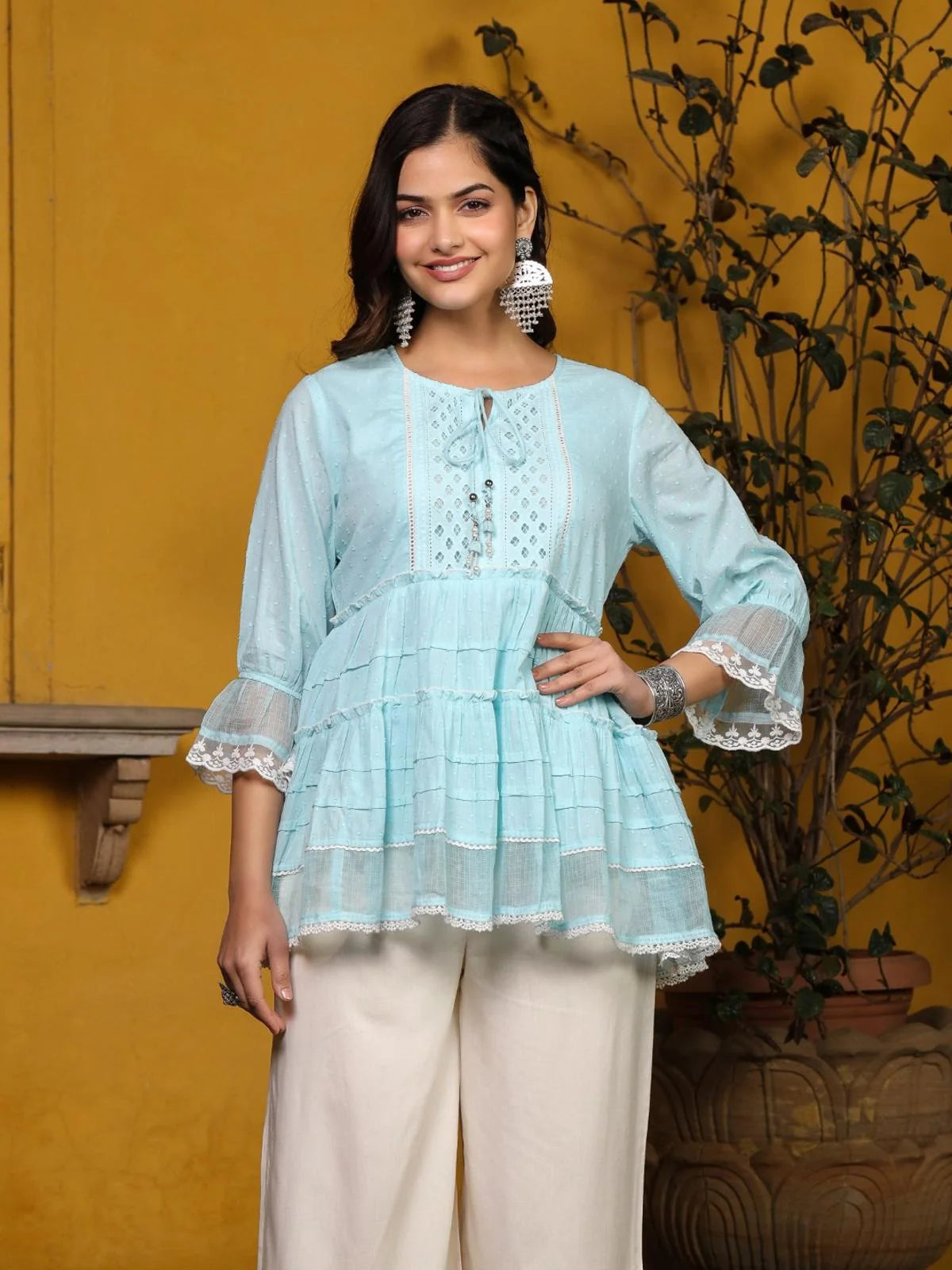 Sky Blue Peplum Tunic Top: Elegant Indian Kurti for Women