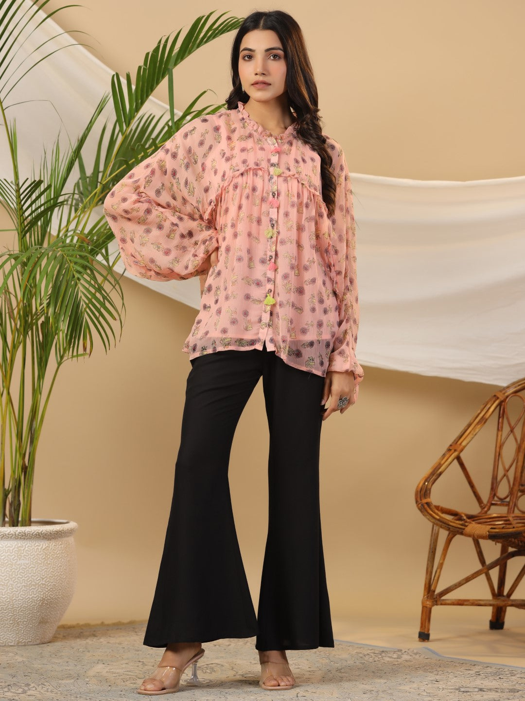 Peach Floral Printed Chiffon Tunic With Inner | DesiQlo