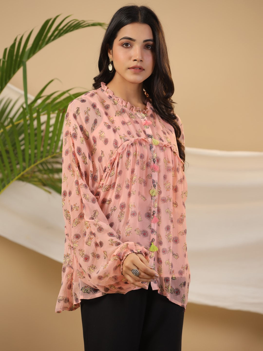Peach Floral Printed Chiffon Tunic With Inner | DesiQlo