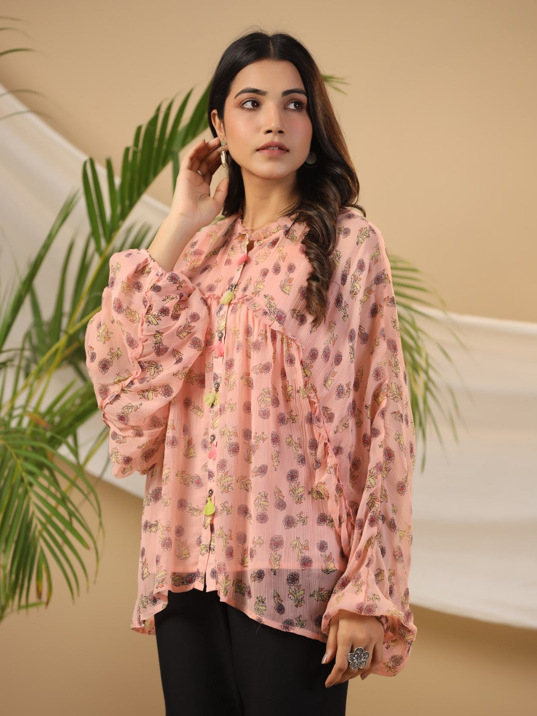 Peach Floral Printed Chiffon Tunic With Inner | DesiQlo