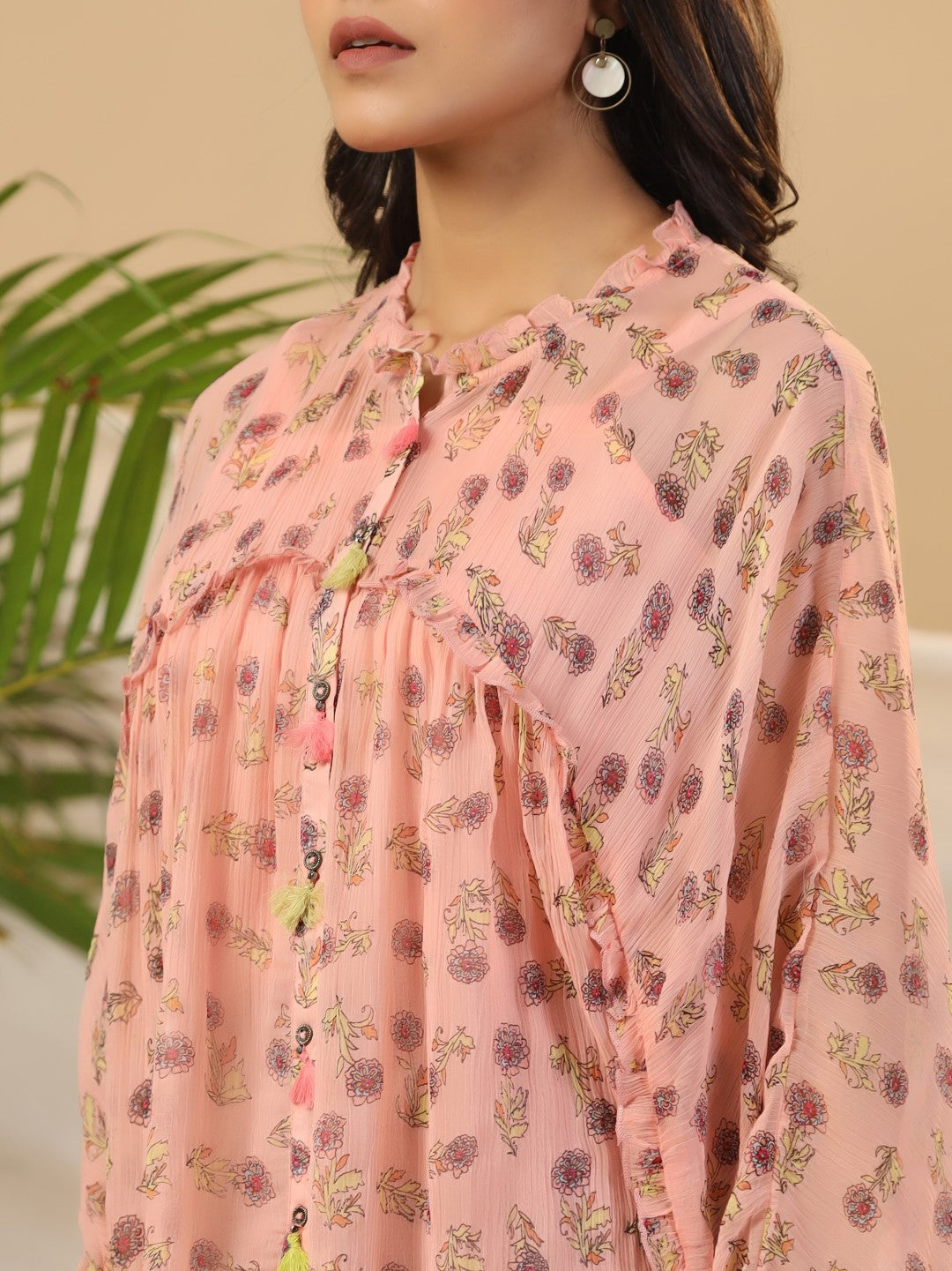 Peach Floral Printed Chiffon Tunic With Inner | DesiQlo