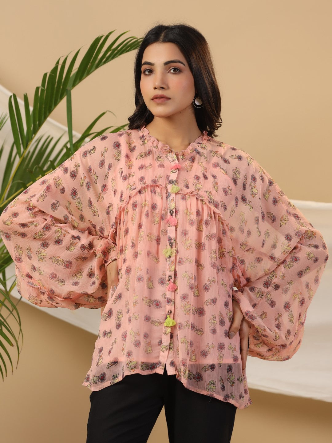 Peach Floral Printed Chiffon Tunic With Inner | DesiQlo