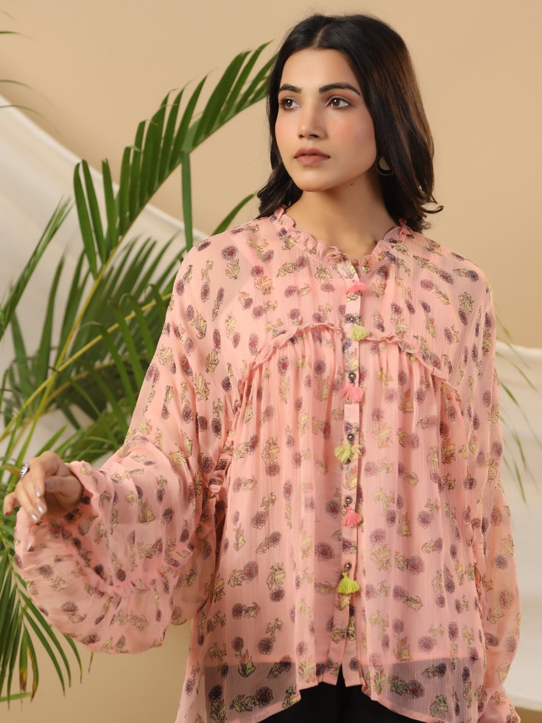 Peach Floral Printed Chiffon Tunic With Inner | DesiQlo