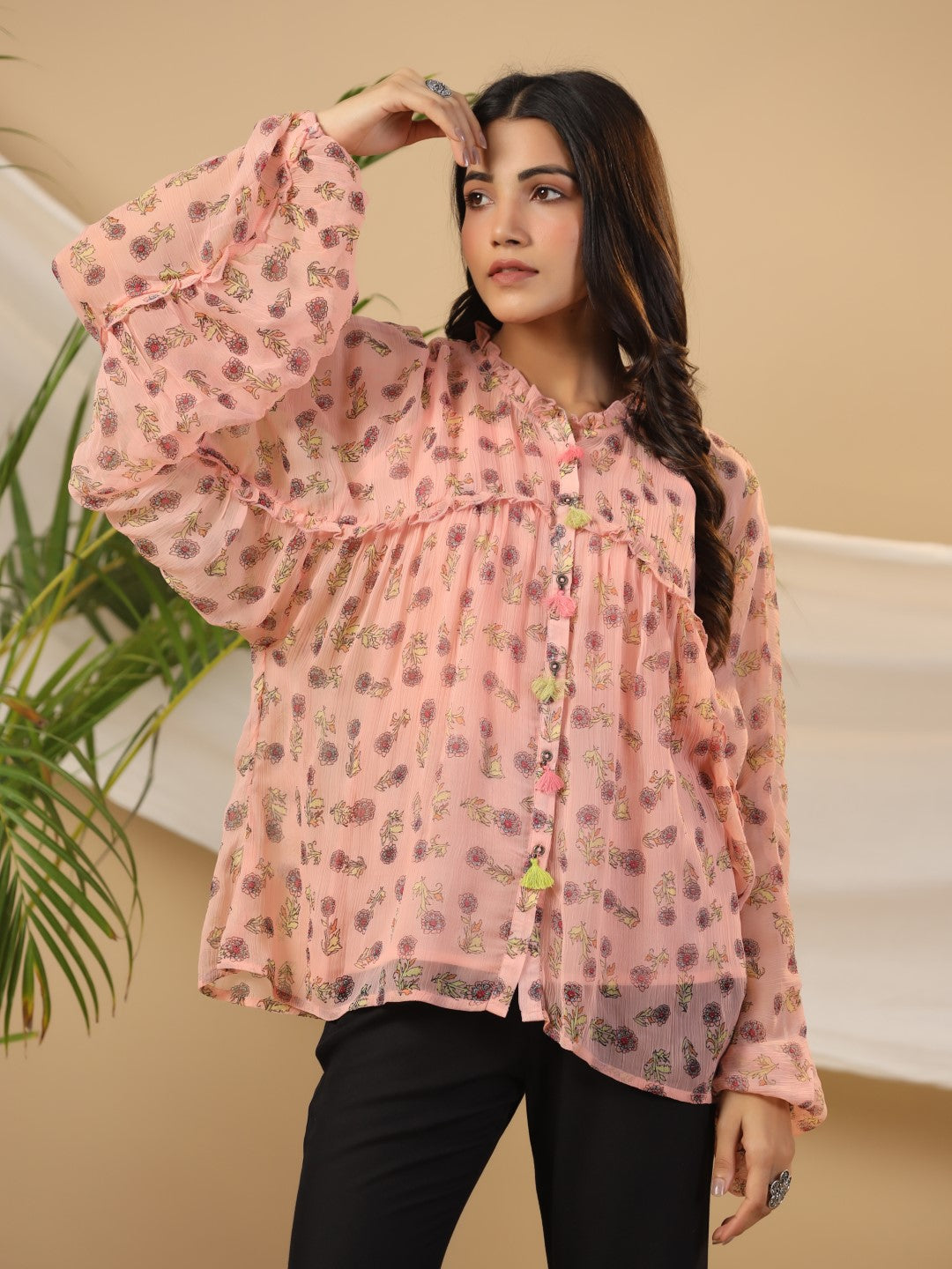 Peach Floral Printed Chiffon Tunic With Inner | DesiQlo