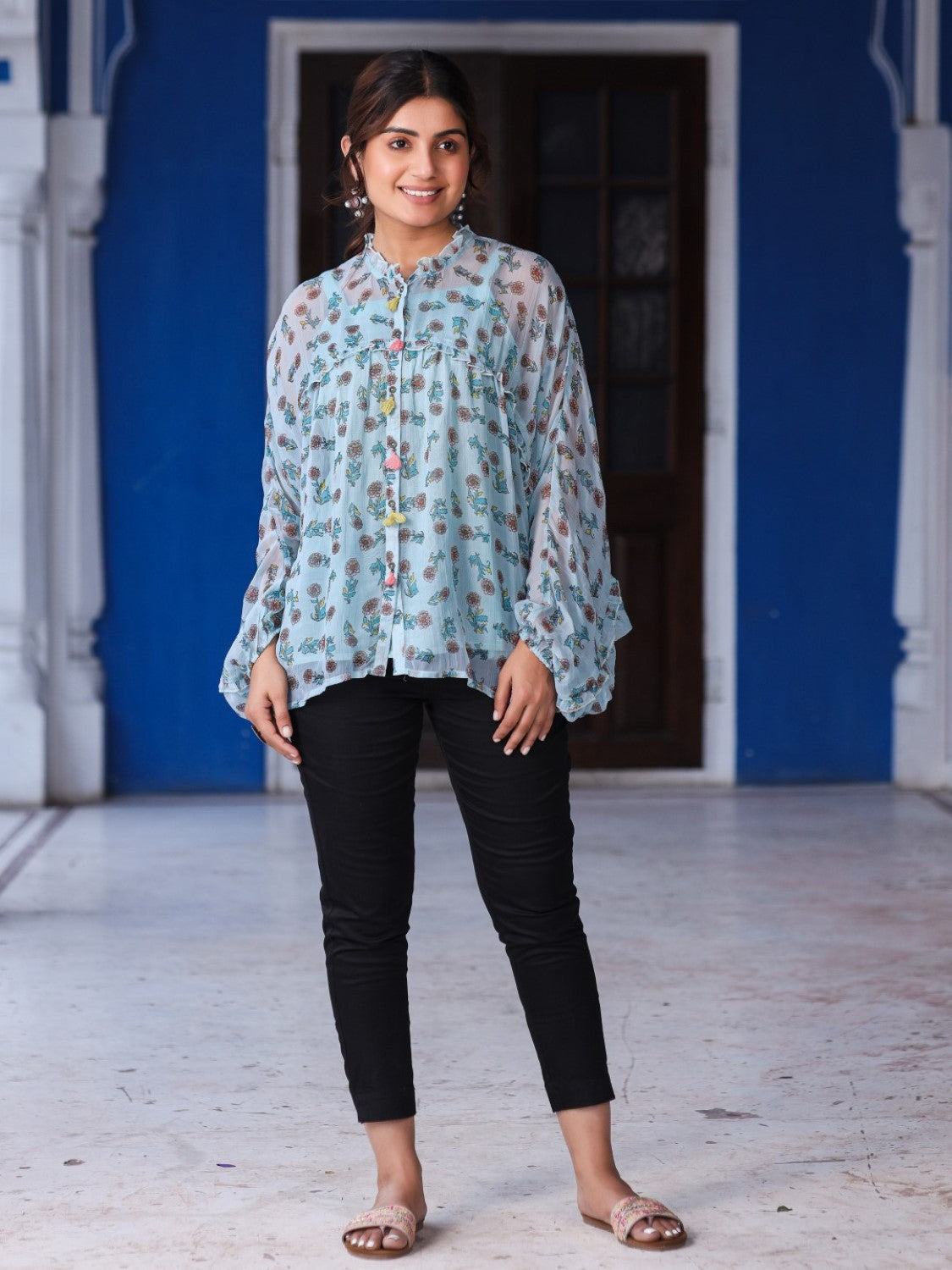 Sky Blue Chiffon Floral Printed Button Detailing Tunic With Inner | De