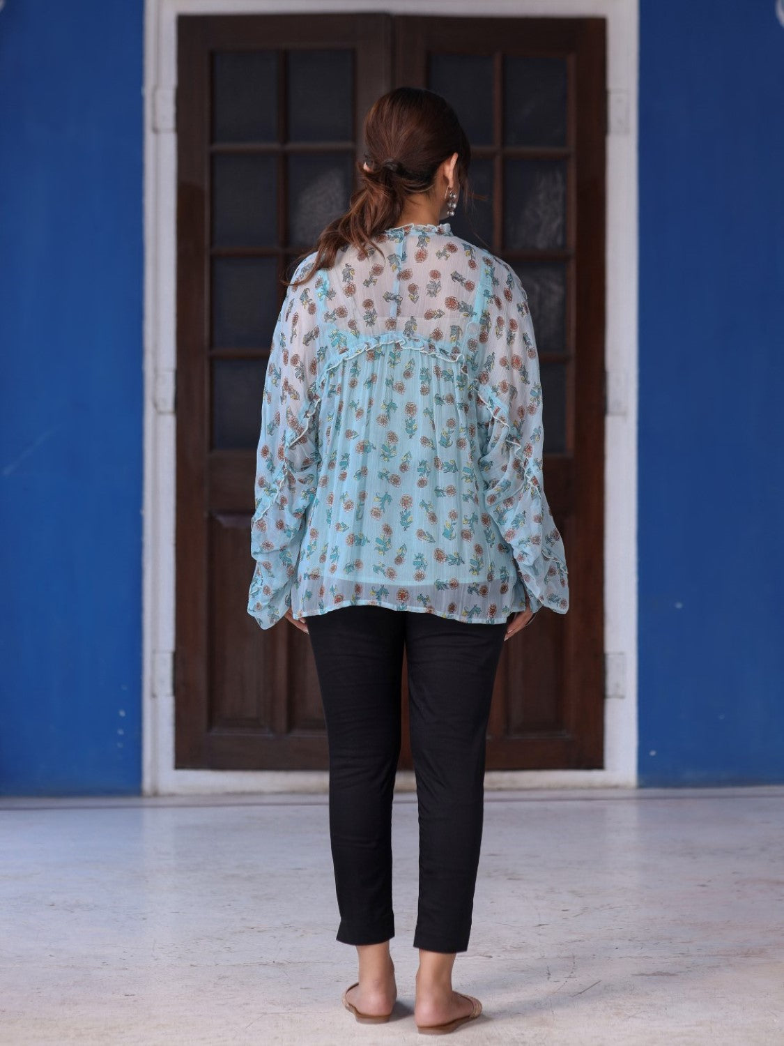 Sky Blue Chiffon Floral Printed Button Detailing Tunic With Inner | De