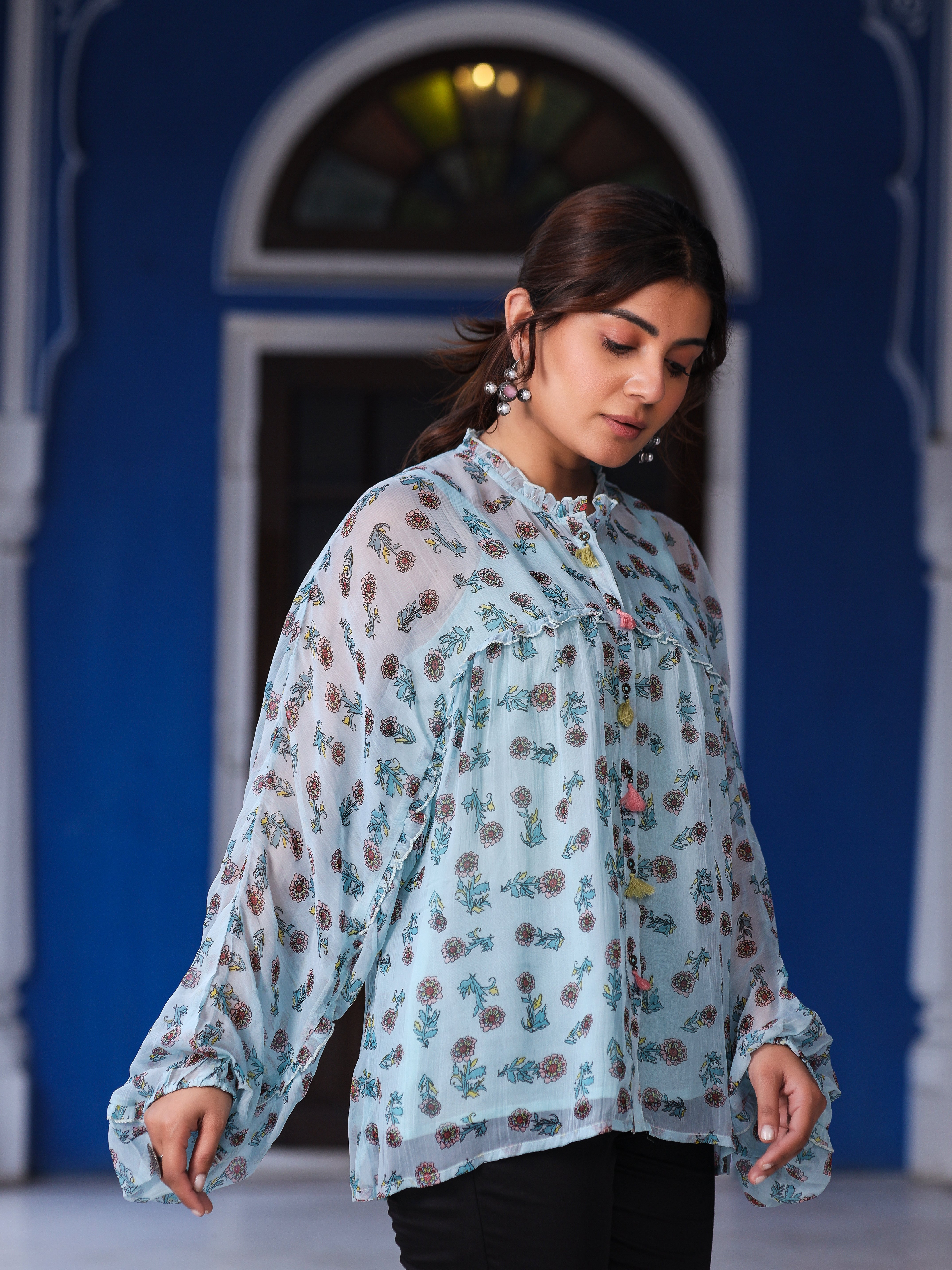 Sky Blue Chiffon Floral Printed Button Detailing Tunic With Inner | De