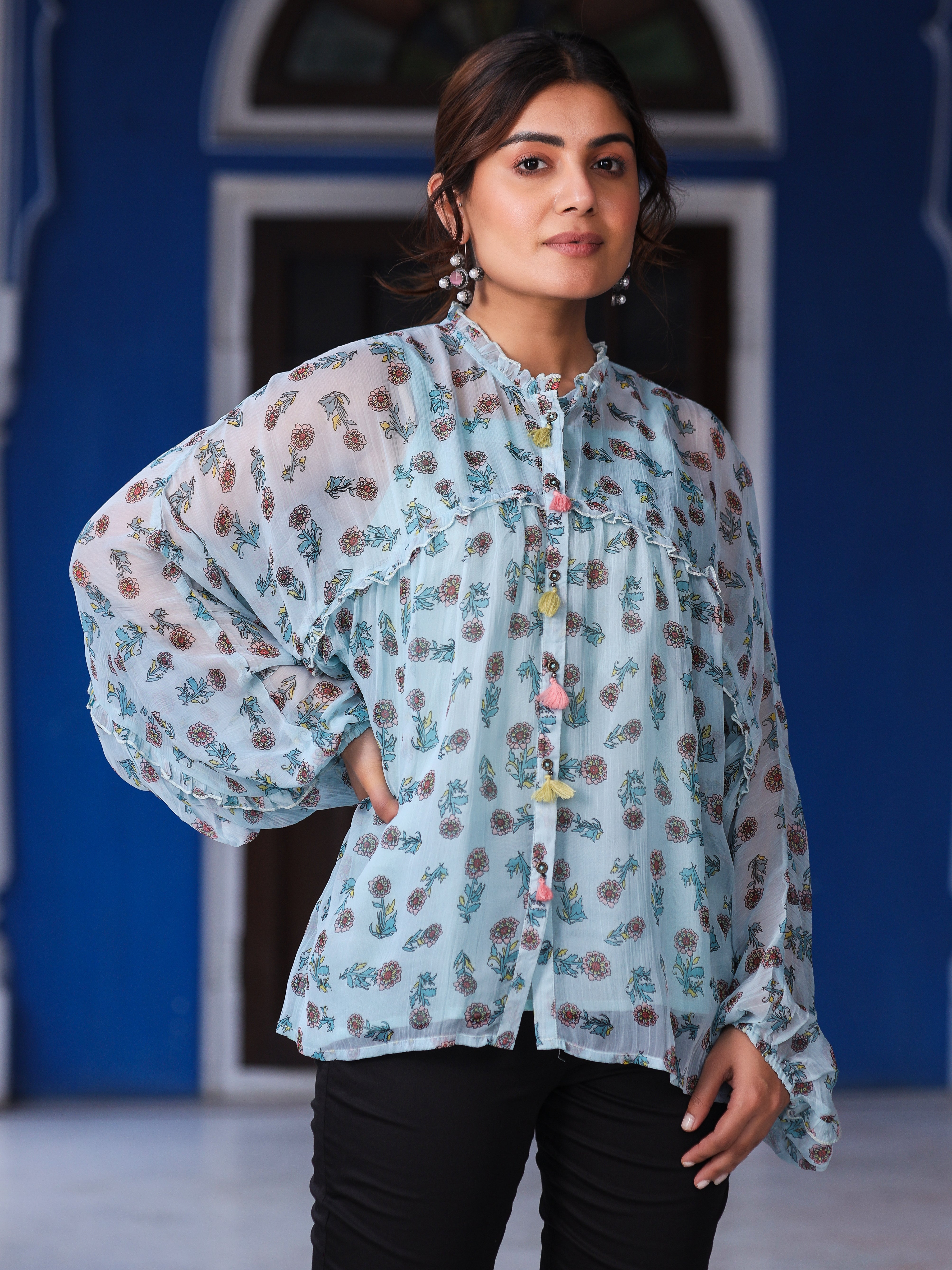 Sky Blue Chiffon Floral Printed Button Detailing Tunic With Inner | De
