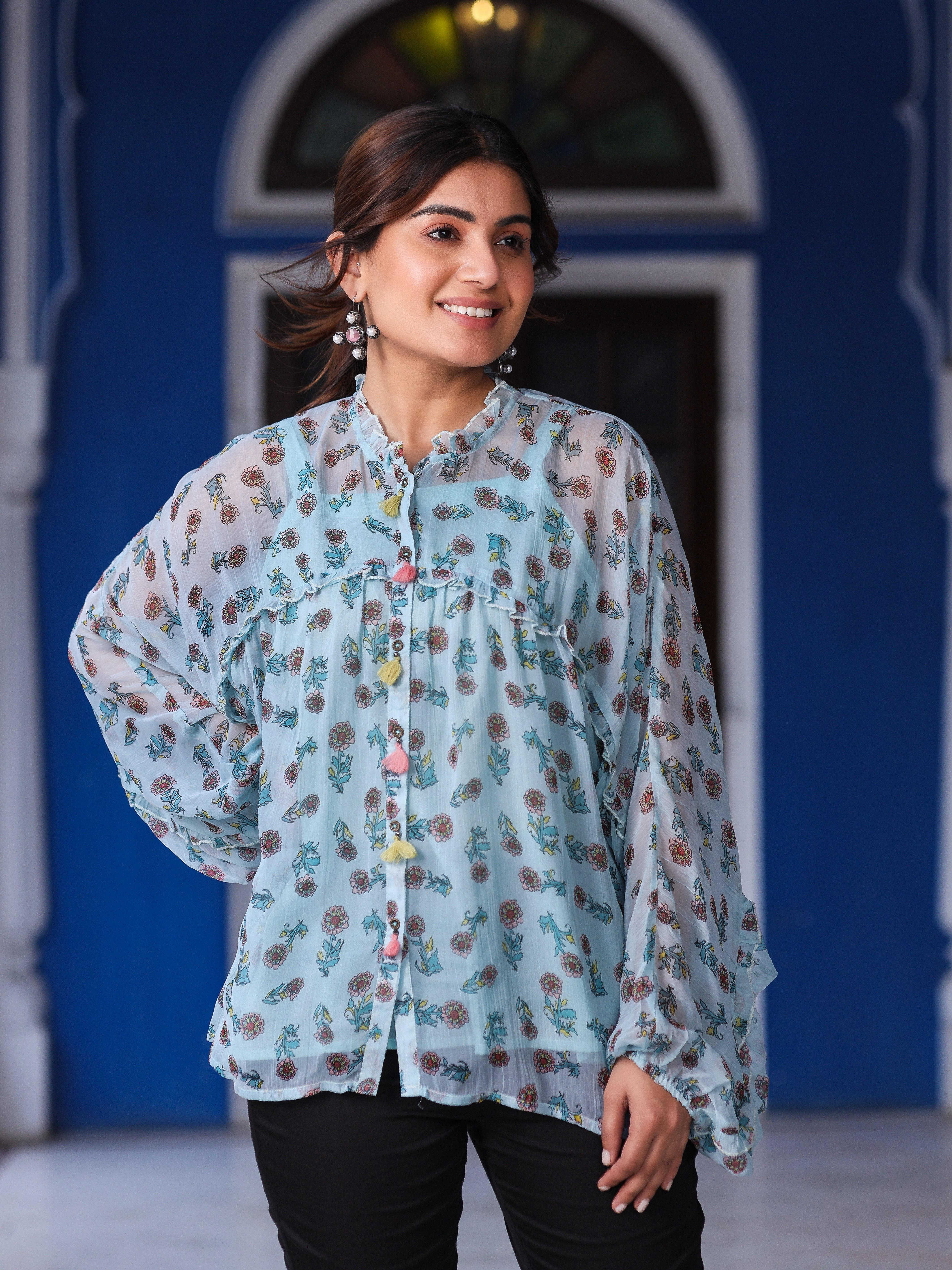 Sky Blue Chiffon Floral Printed Button Detailing Tunic With Inner | De