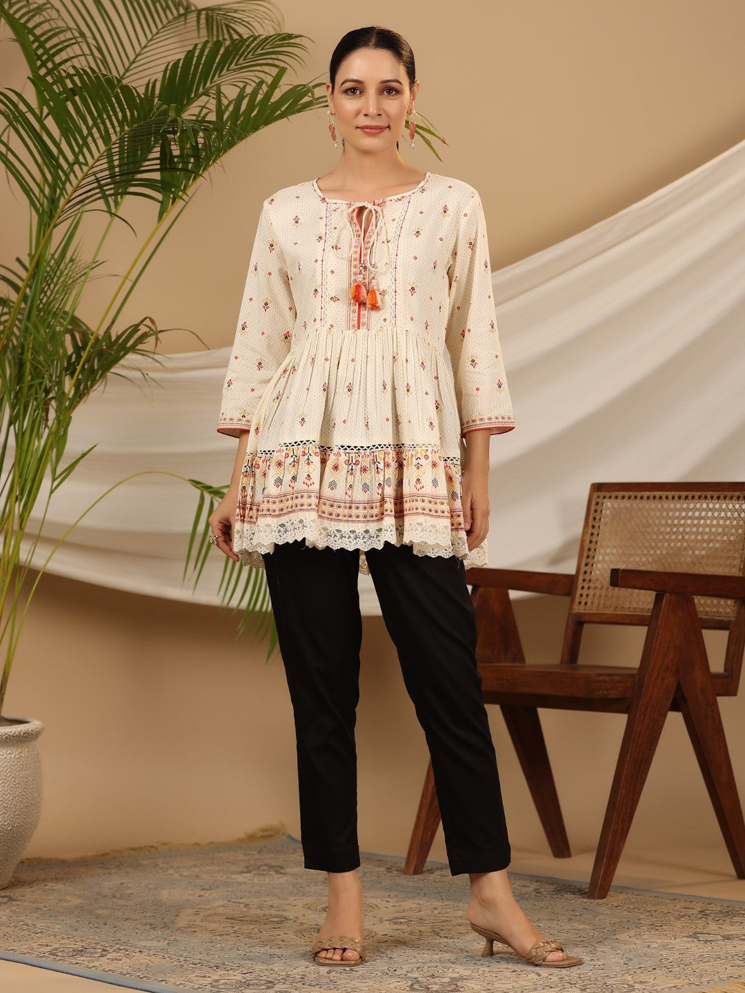 Ivory Geometric Printed Rayon Tunic With Beads & Sequins | DesiQlo