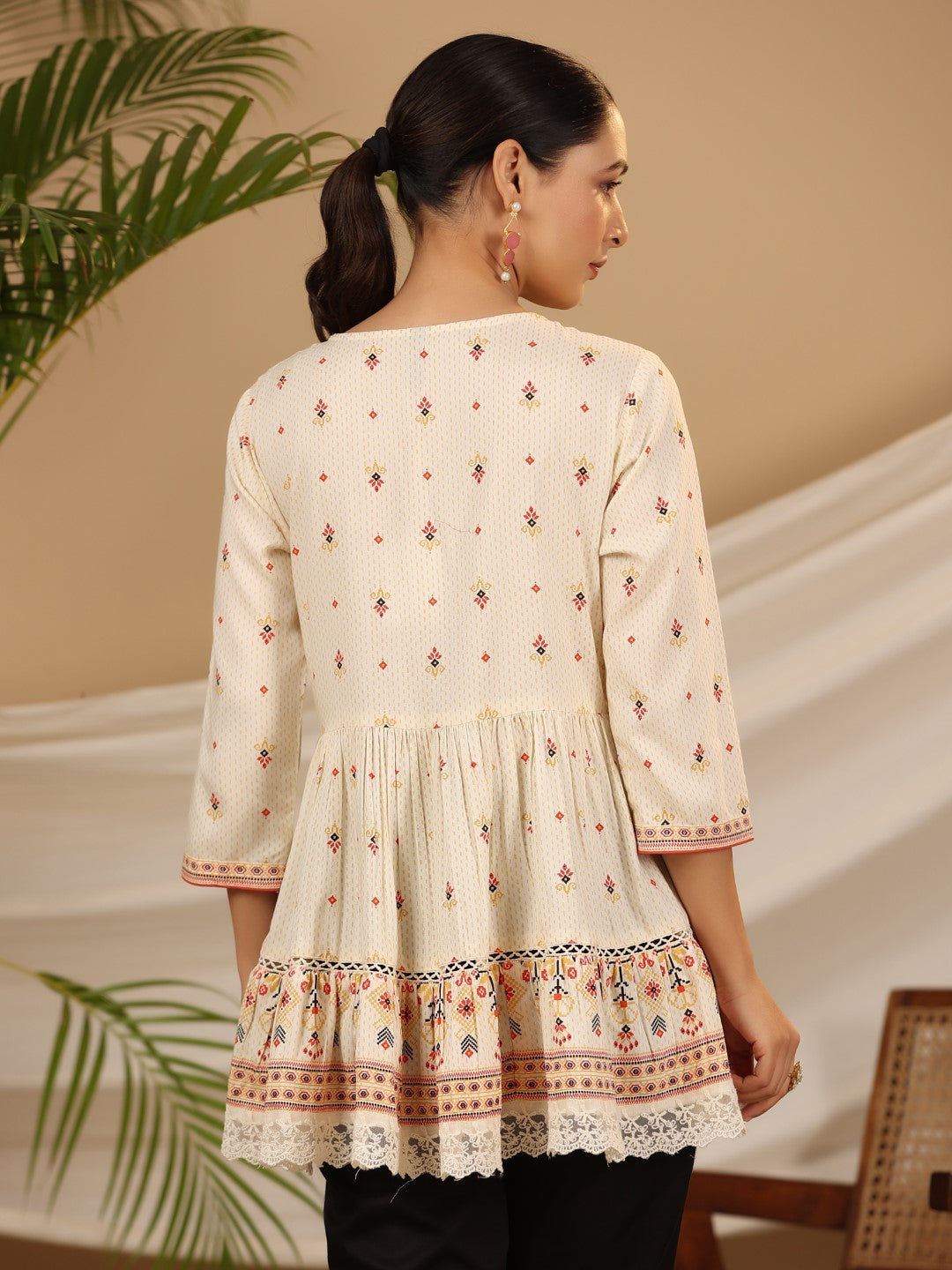 Ivory Geometric Printed Rayon Tunic With Beads & Sequins | DesiQlo