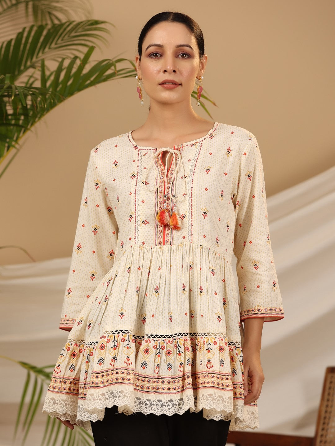 Ivory Geometric Printed Rayon Tunic With Beads & Sequins | DesiQlo