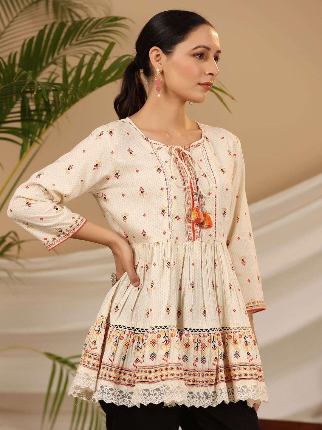 Ivory Geometric Printed Rayon Tunic With Beads & Sequins | DesiQlo