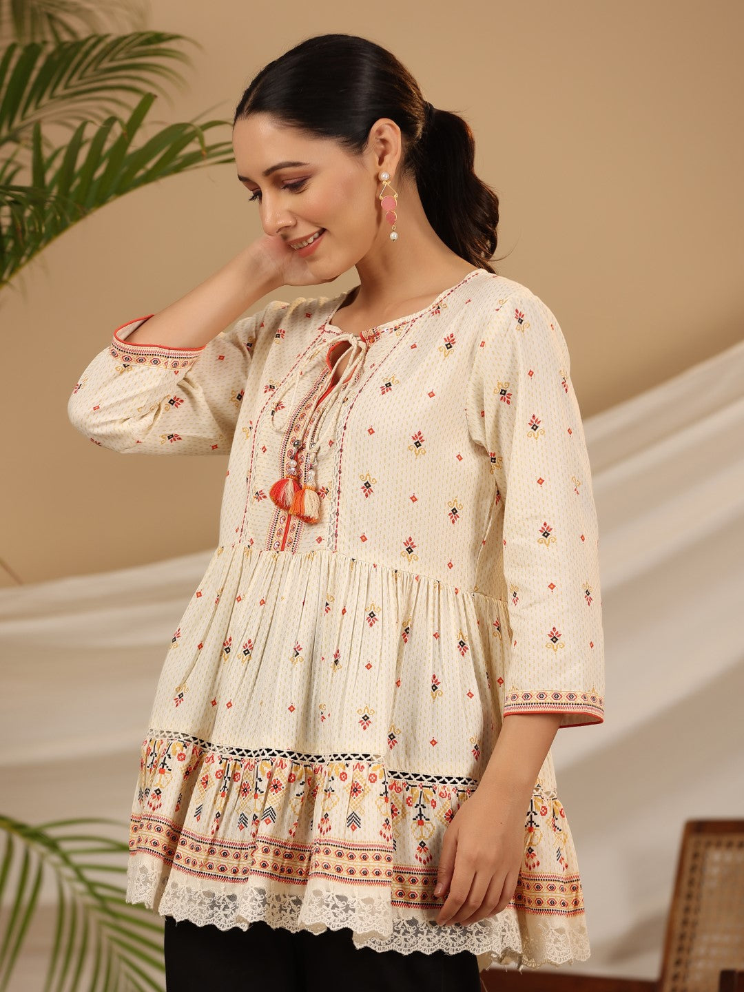 Ivory Geometric Printed Rayon Tunic With Beads & Sequins | DesiQlo