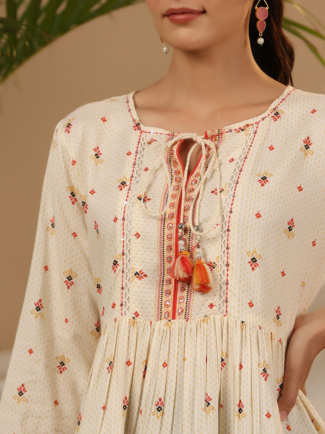 Ivory Geometric Printed Rayon Tunic With Beads & Sequins | DesiQlo