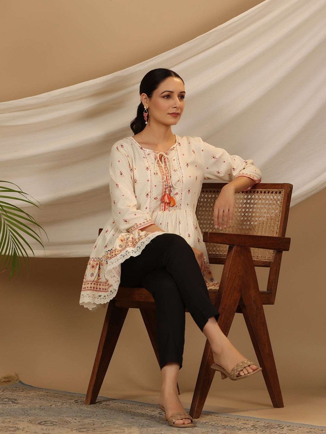 Ivory Geometric Printed Rayon Tunic With Beads & Sequins | DesiQlo